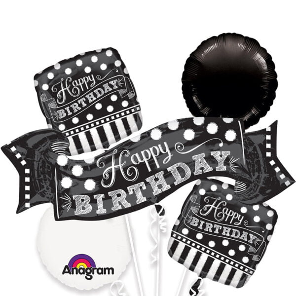 Tros folieballonnen Happy Birthday zwartwit