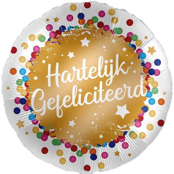 Folieballon Hartelijk Gefeliciteerd goud en confetti