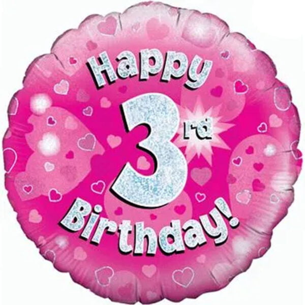 Folieballon holografisch 3rd Happy Birthday Roze