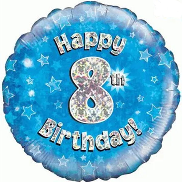 Folieballon holografisch 8th Happy Birthday Blauw