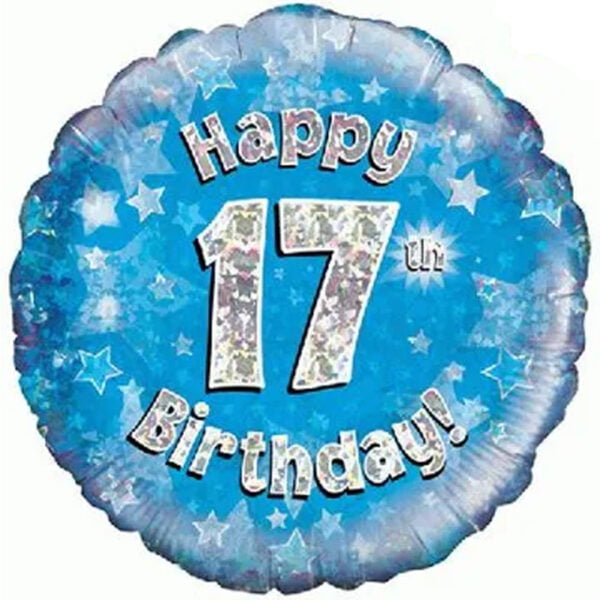 Folieballon holografisch 17th Happy Birthday Blauw