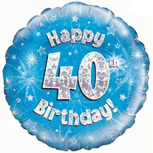 Folieballon holografisch 40th Happy Birthday Blauw